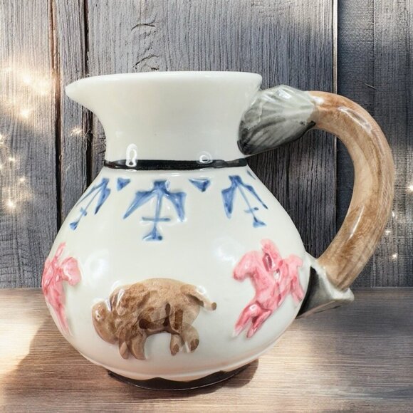 Vintage Omnibus Fitz & Floyd Ceramic Small Pitcher Creamer Buffalo Hunt Scene - Picture 1 of 15